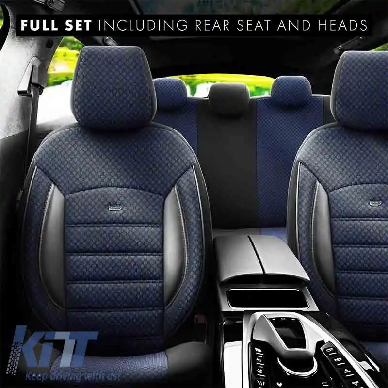 Huse de scaune Otom Sport Plus Design Universal Bumbac / Rachel / Piele Artificială Set Față / Spate 11 Piese Negru / Albastru SPTPLS-104-image-6305215