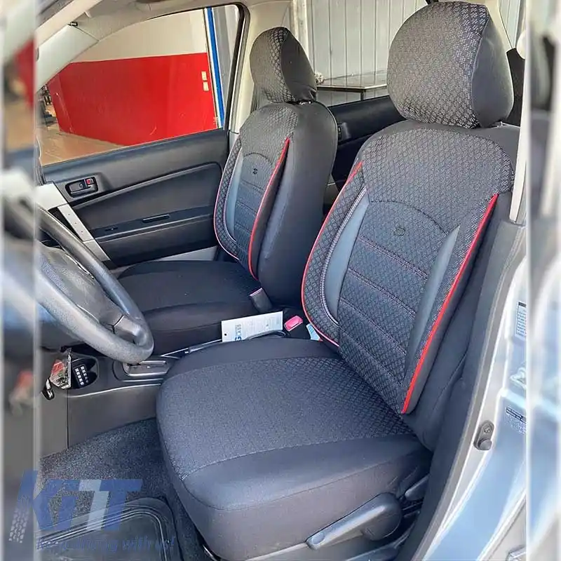 Huse de scaune Otom Sport Plus Design Universal Bumbac / Rachel / Piele Artificială Set Față / Spate 11 Piese Negru Cu Cusături Roșii SPTPLS-102-image-6305291