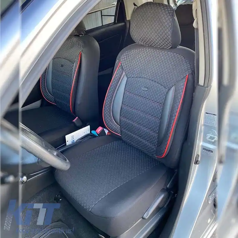 Huse de scaune Otom Sport Plus Design Universal Bumbac / Rachel / Piele Artificială Set Față / Spate 11 Piese Negru Cu Cusături Roșii SPTPLS-102-image-6305292