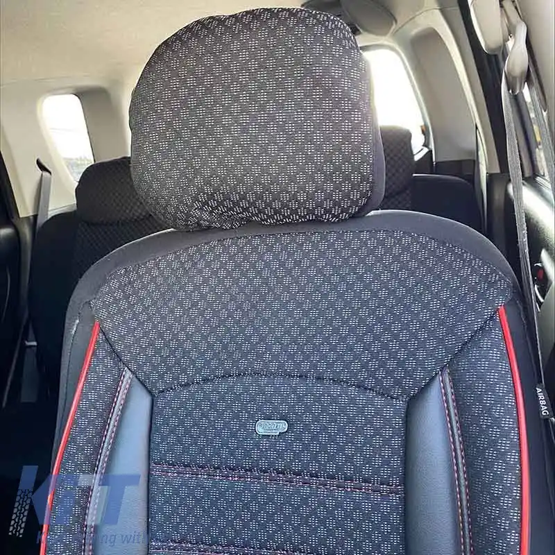 Huse de scaune Otom Sport Plus Design Universal Bumbac / Rachel / Piele Artificială Set Față / Spate 11 Piese Negru Cu Cusături Roșii SPTPLS-102-image-6305293