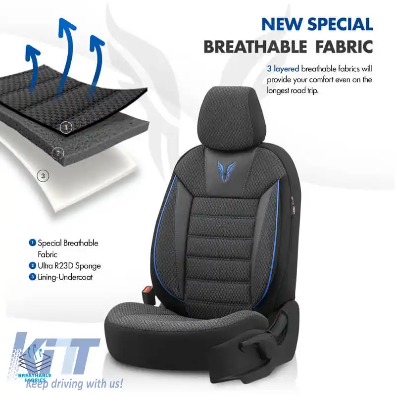 Huse de scaune Otom Toro Design Universal Bumbac / Piele Artificială Set Față / Spate 11 Piese Negru / Albastru ΤRΟ-903-image-6316682