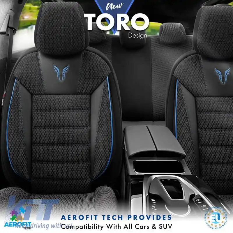 Huse de scaune Otom Toro Design Universal Bumbac / Piele Artificială Set Față / Spate 11 Piese Negru / Albastru ΤRΟ-903-image-6317523