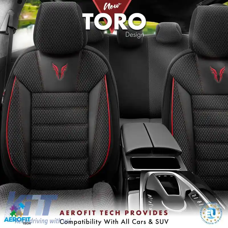 Huse de scaune Otom Toro Design Universal Bumbac / Piele Artificială Set Față / Spate 11 Piese Negru / Roșu ΤRΟ-901-image-6317531