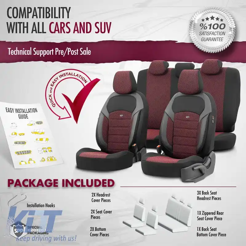 Huse de scaune Otom Toro Design Universal Jacquard/ Piele Set Față / Spate 11 Piese Roșu / Negru ΝΟV-3303-image-6317545