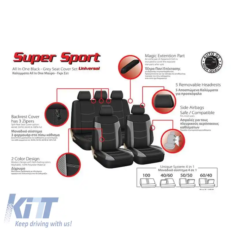 Huse de scaune Super Sport All In One Set Negru-Gri Față-Spate 11 Piese-image-6289976
