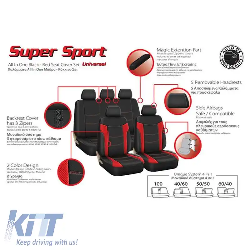 Huse de scaune Super Sport All In One Set Negru-Roșu Față-Spate 11 Piese-image-6292436