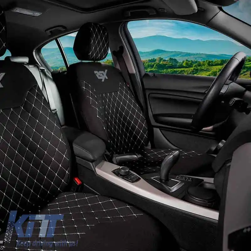 Huse semi pentru scaunele din față potrivite pentru Otom RSX Sport Fabric Brodat Negru cu Cusături Albe RSXL-101 2 Piese-image-6305194