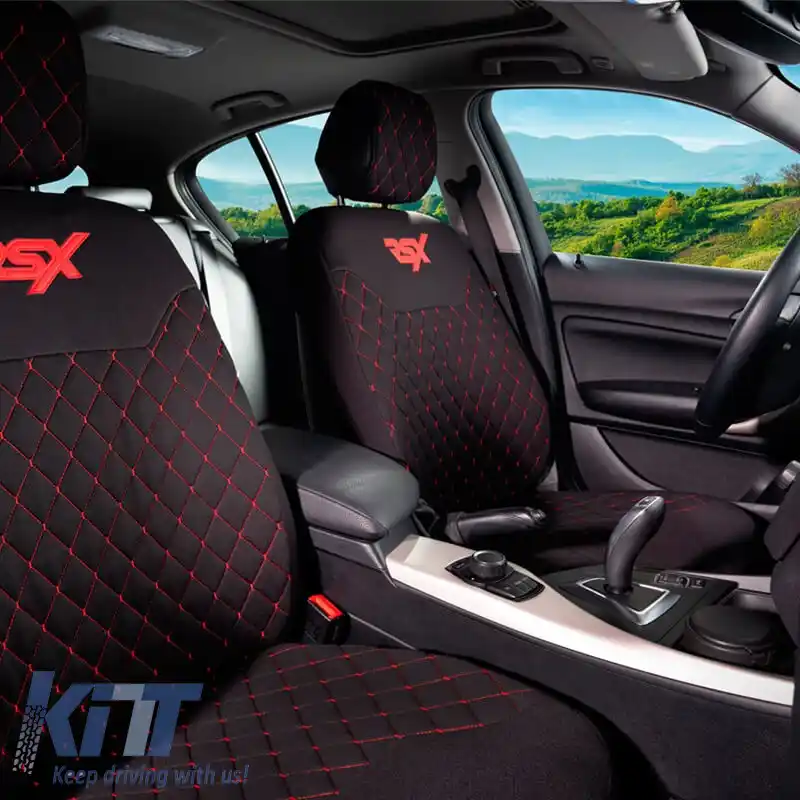 Huse semi pentru scaunele din față potrivite pentru Otom RSX Sport Fabric Brodat Negru cu Cusături Roșii RSXL-102 2 Piese-image-6315031
