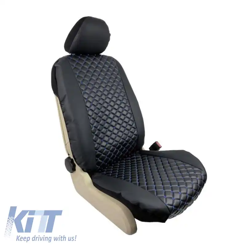 Huse semi pentru scaunele din față PU Negru Regal cu Cusături Albastre 4 Piese-image-6292488