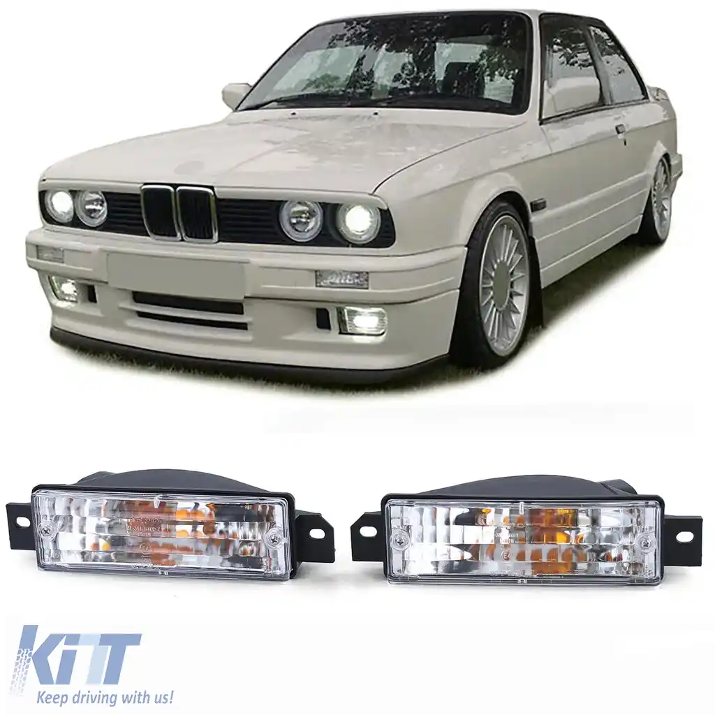 Indicatori din sticlă clară albi cu lumină de parcare și becuri, potrivite pentru BMW Seria 3 E30 1987-1993