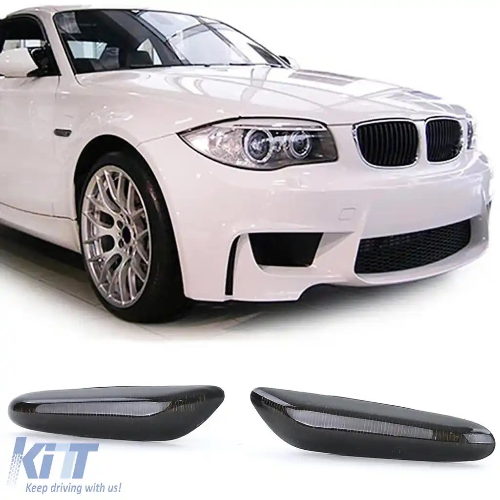 Indicatori laterali LED fumuriu negru, potriviți pentru BMW Seria 1 E81 E87 E82 E88 04-12