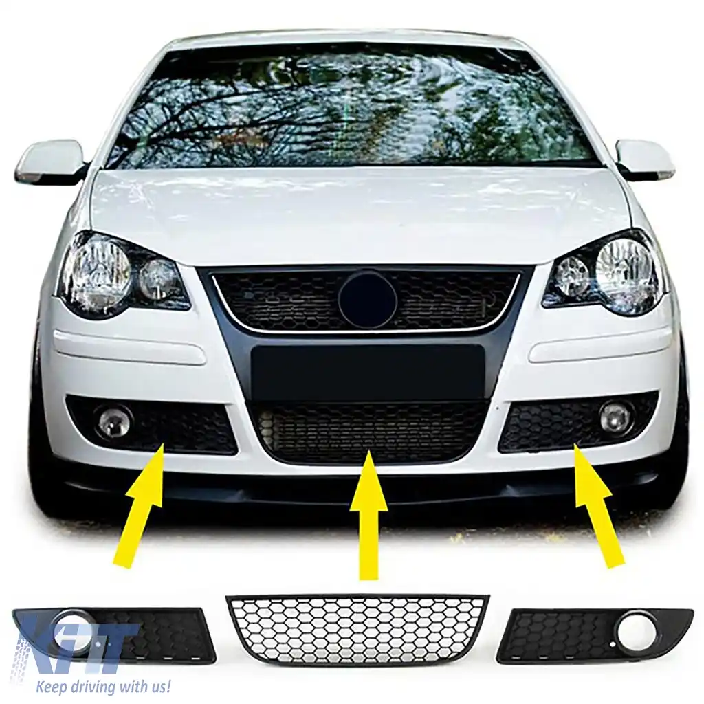 Insert grilă radiator tip fagure + capace pentru lumini de ceață, potrivit pentru VW Polo 9N3