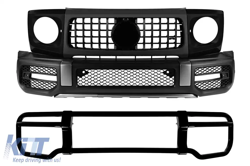 Kit bara fata A Design tip G63 cu bullbar lacuit negru potrivit pentru Mercedes G-Class W464 dupa 2018 cu PDC, grila, inele pentru faruri, extensii pentru aripi
