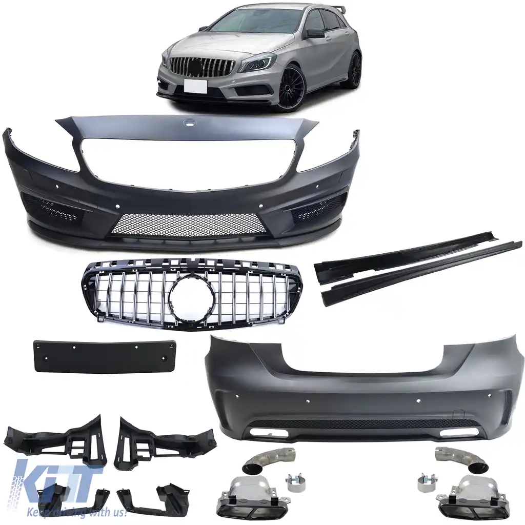 Kit caroserie sport, bara fata, bara spate, grila, fuste laterale, potrivit pentru Mercedes A W176 12-15