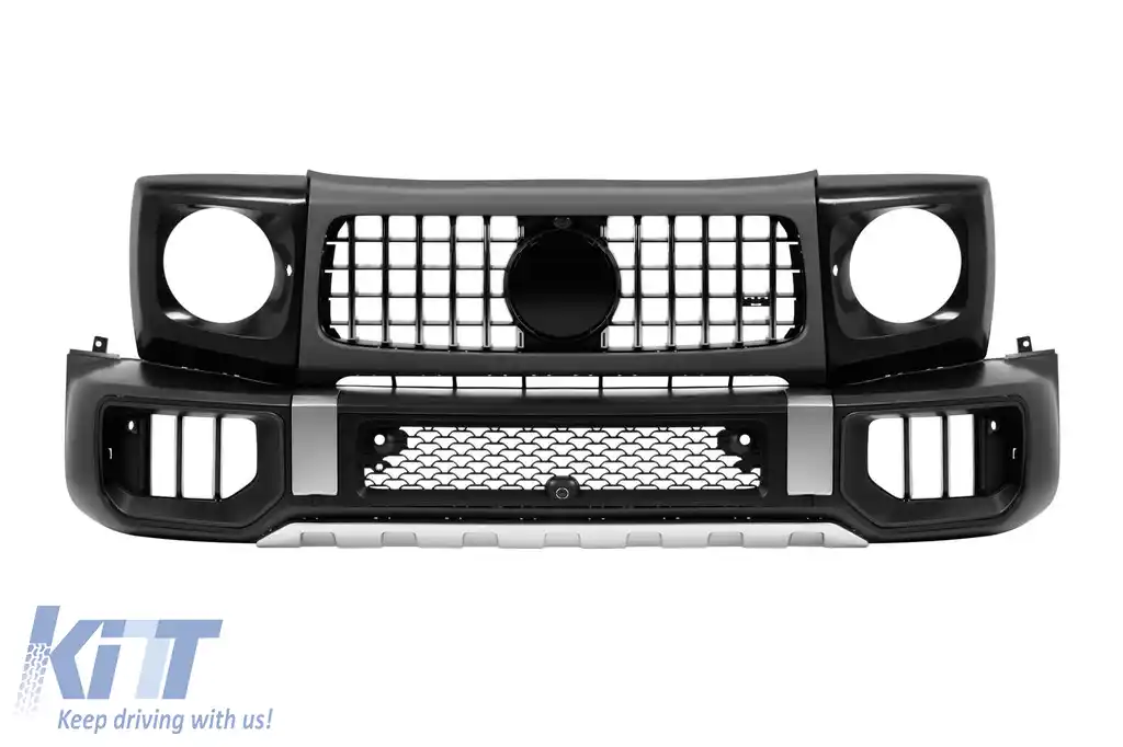 Kit de bara fata crom tip W465 potrivit pentru Mercedes G-Class W464 dupa 2018 cu PDC, grila, masti pentru faruri, extensii pentru aripi