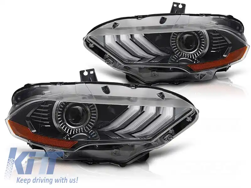 Kit de faruri LED de tuning potrivit pentru Ford Mustang 2018-2021 cu bază neagră, cu semnalizatoare dinamice, lumini DRL RGB pentru modelul cu lumini DRL de fabrică, stânga și dreapta
