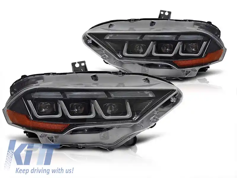 Kit de faruri LED de tuning potrivit pentru Ford Mustang 2018-2021 cu bază neagră, pentru modelul cu lumini DRL de fabrică, cu semnale de întoarcere dinamice, stânga și dreapta
