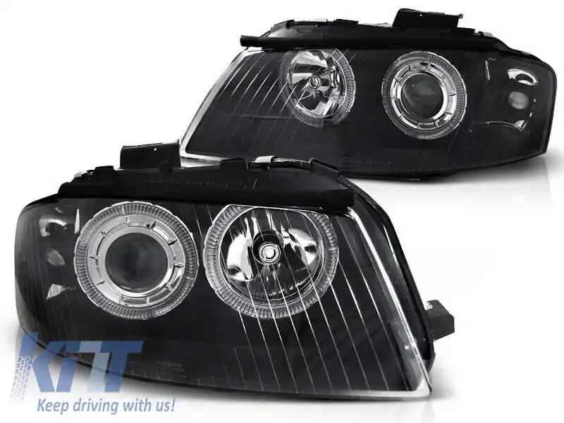 Kit de faruri tuning cu ochi de înger halogen potrivit pentru Audi A3 8P 05.2003-03.2008 3D/5D, stânga și dreapta