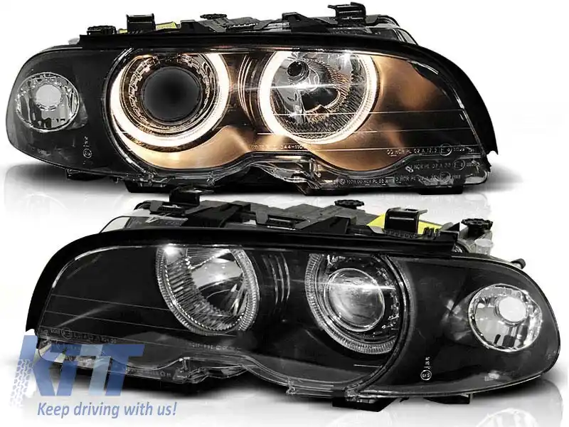 Kit de faruri tuning cu ochi de înger halogen potrivit pentru BMW 3 E46 04.1999-03.2001 coupe/cabriolet, stânga și dreapta