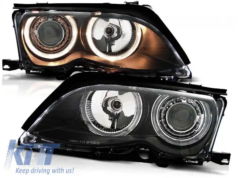 Kit de faruri tuning cu ochi de înger halogen potrivit pentru BMW 3 E46 09.2001-03.2005 sedan/combinate, stânga și dreapta