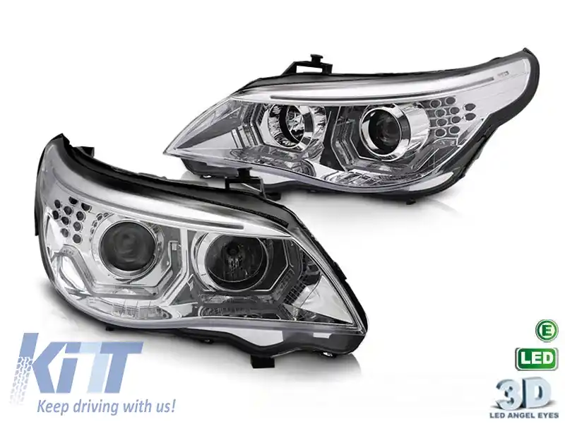 Kit de faruri tuning cu ochi de înger LED 3D, potrivit pentru BMW Seria 5 E60 sedan, E61 touring 2003-2007 cu bază cromată, stânga și dreapta, pentru modelul cu faruri halogen.