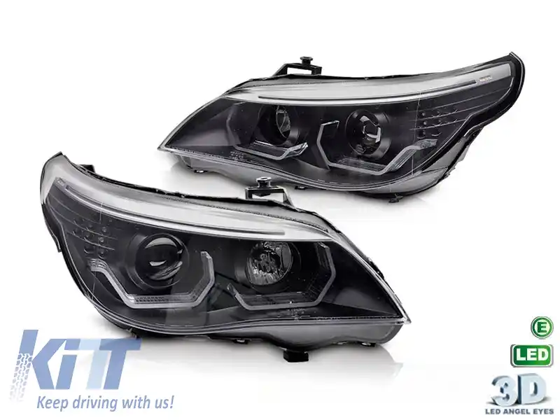 Kit de faruri tuning cu ochi de înger LED 3D, potrivit pentru BMW Seria 5 E60 sedan, E61 touring 2003-2007 cu bază neagră, stânga și dreapta, pentru modelul cu faruri halogen.