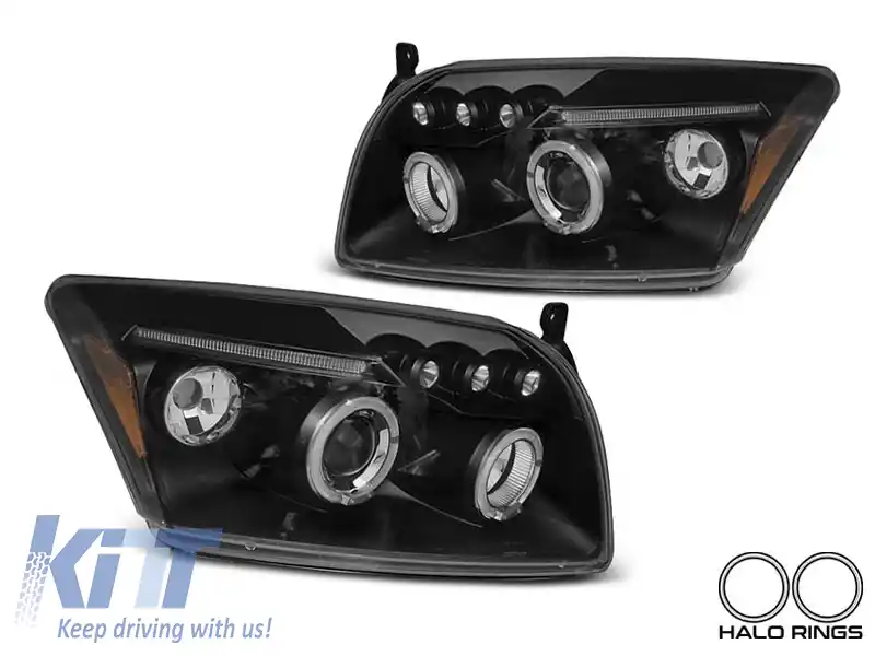 Kit de faruri tuning cu ochi de înger potrivit pentru Dodge Caliber 2006-2012 cu bază neagră, stânga și dreapta