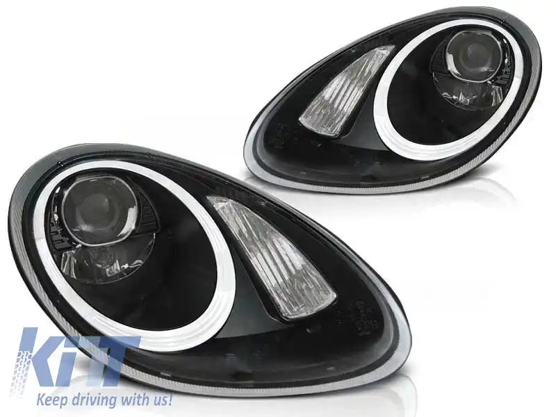 Kit de faruri xenon de tuning potrivit pentru Porsche Boxster/Cayman 987 2005-2008 cu bază neagră, stânga și dreapta