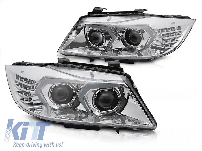 Kit de faruri xenon potrivit pentru BMW Seria 3 E90 sedan, E91 touring LCI 2009-2011 cu bază cromată