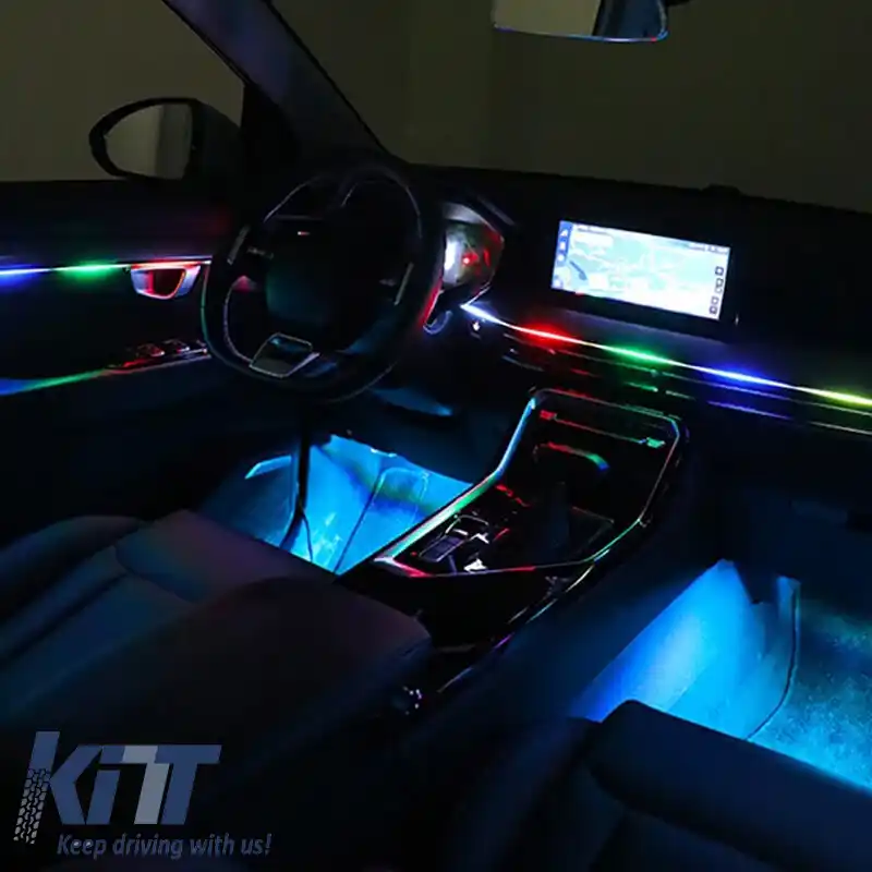 Kit de LED-uri cu fibră optică pentru decorarea iluminatului ambiental al mașinii, culoare neagră, cu Bluetooth inteligent, 18 lumini / 64 culori-image-6325954