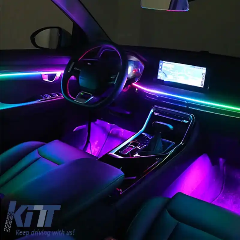 Kit de LED-uri cu fibră optică pentru decorarea iluminatului ambiental al mașinii, culoare neagră, cu Bluetooth inteligent, 18 lumini / 64 culori-image-6325955