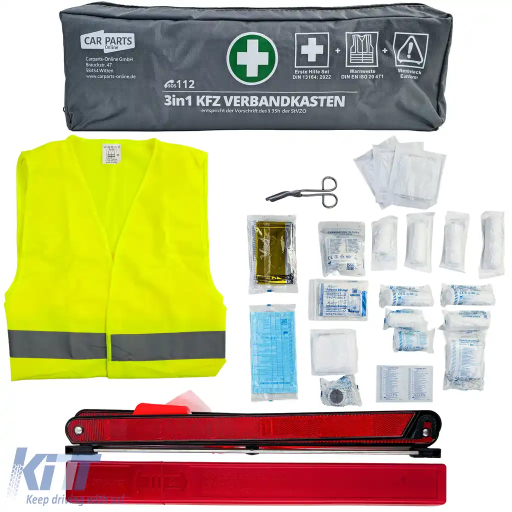 Kit de prim ajutor auto set 3 în 1 DIN 13164 + vestă de siguranță + triunghi de avertizare