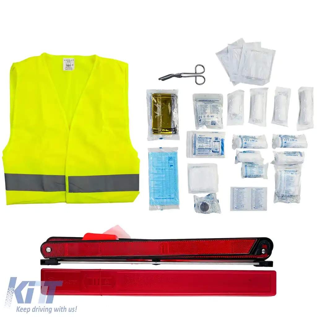 Kit de prim ajutor auto set 3 în 1 DIN 13164 + vestă de siguranță + triunghi de avertizare-image-6209140