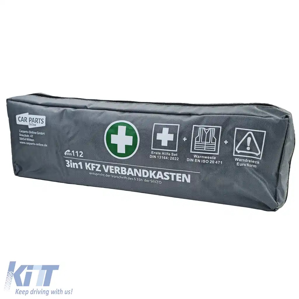 Kit de prim ajutor auto set 3 în 1 DIN 13164 + vestă de siguranță + triunghi de avertizare-image-6209144