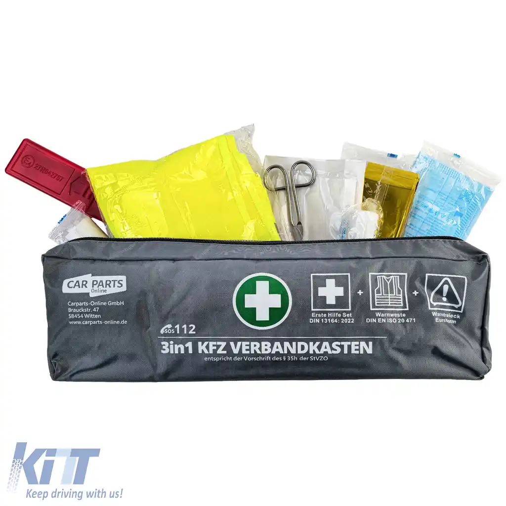 Kit de prim ajutor auto set 3 în 1 DIN 13164 + vestă de siguranță + triunghi de avertizare-image-6209145