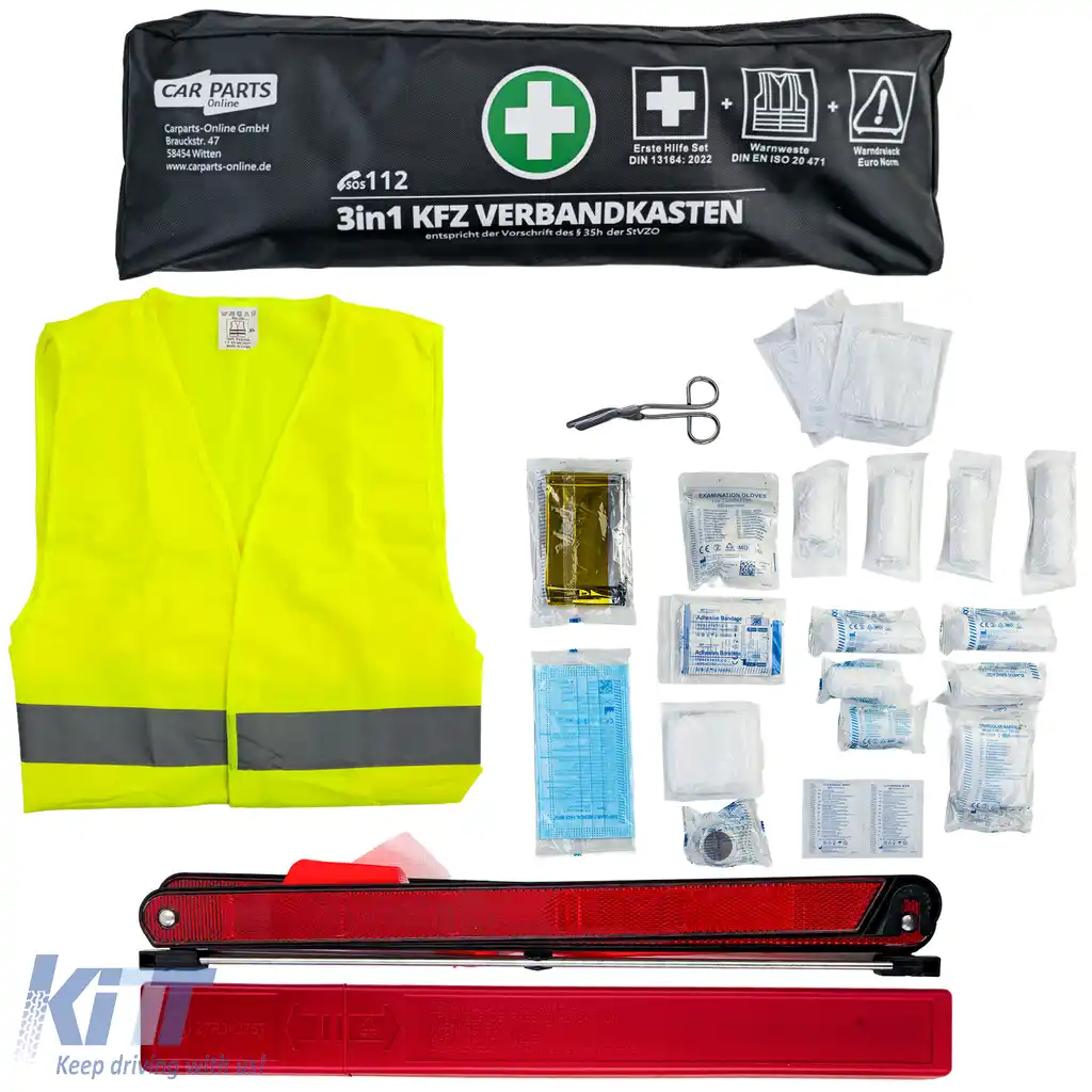 image-52-Kit de prim ajutor auto set 3 în 1 prim ajutor DIN 13164 + vestă de siguranță + triunghi de avertizare