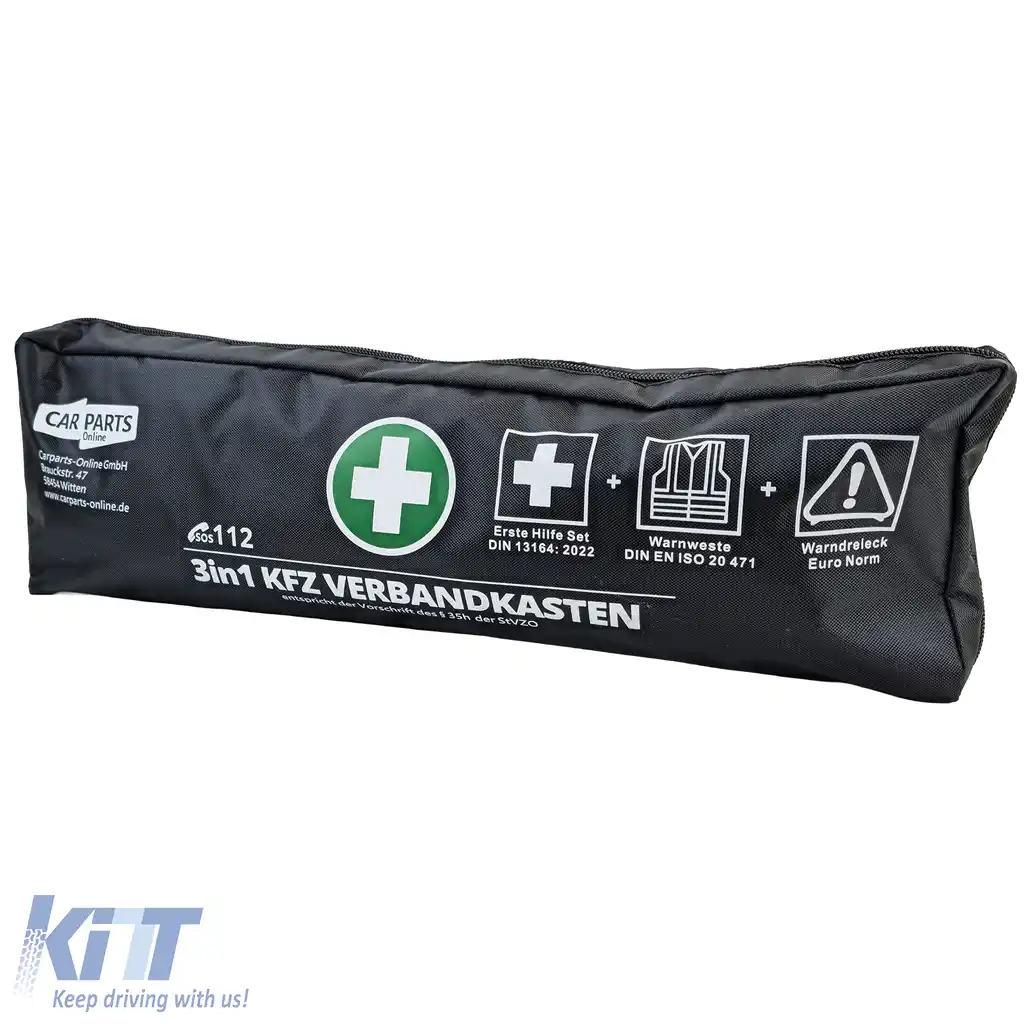 Kit de prim ajutor auto set 3 în 1 prim ajutor DIN 13164 + vestă de siguranță + triunghi de avertizare-image-6207093