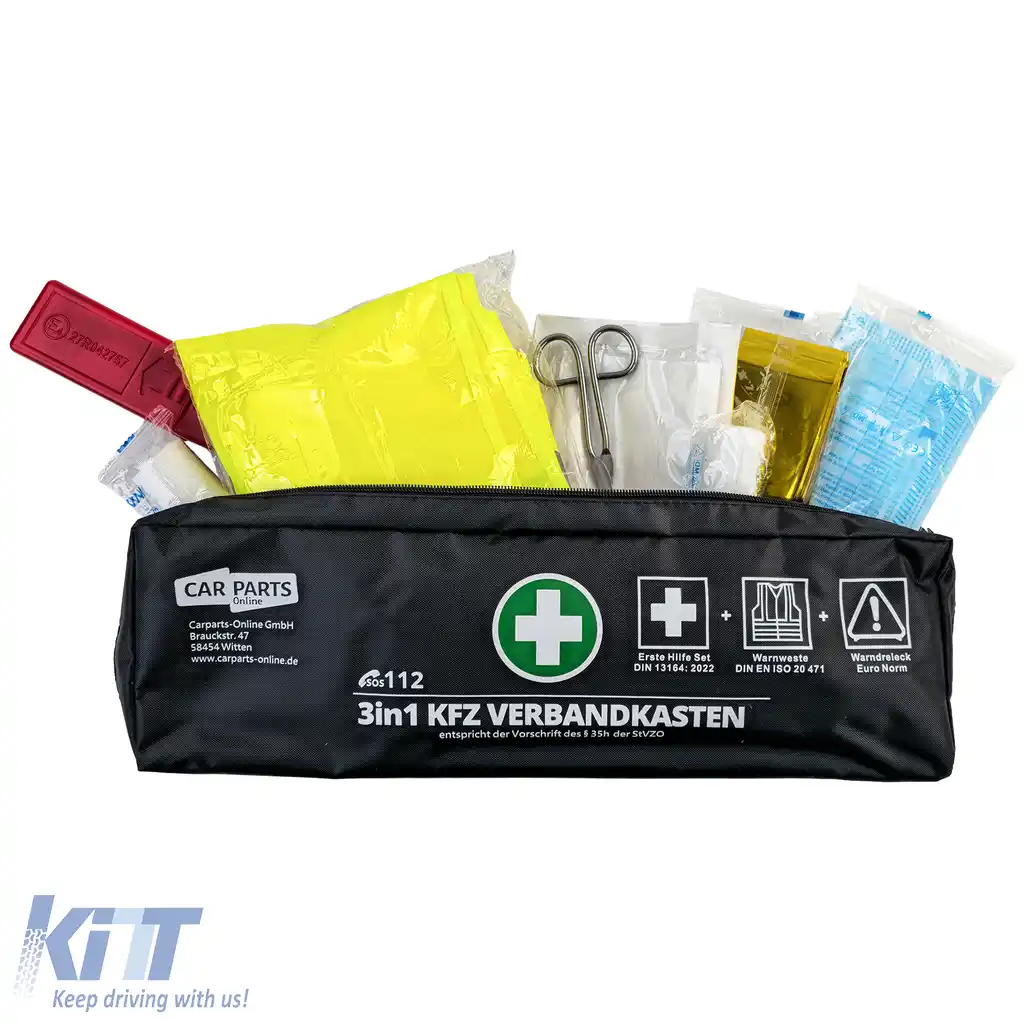Kit de prim ajutor auto set 3 în 1 prim ajutor DIN 13164 + vestă de siguranță + triunghi de avertizare-image-6207094