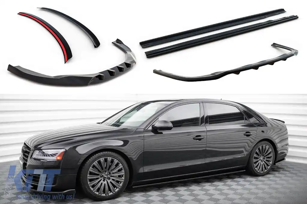 Kit de spoilere Maxton Design potrivit pentru bara frontală, bara din spate și portbagajul Audi A8 D4 2013-2017, cu ampatament lung