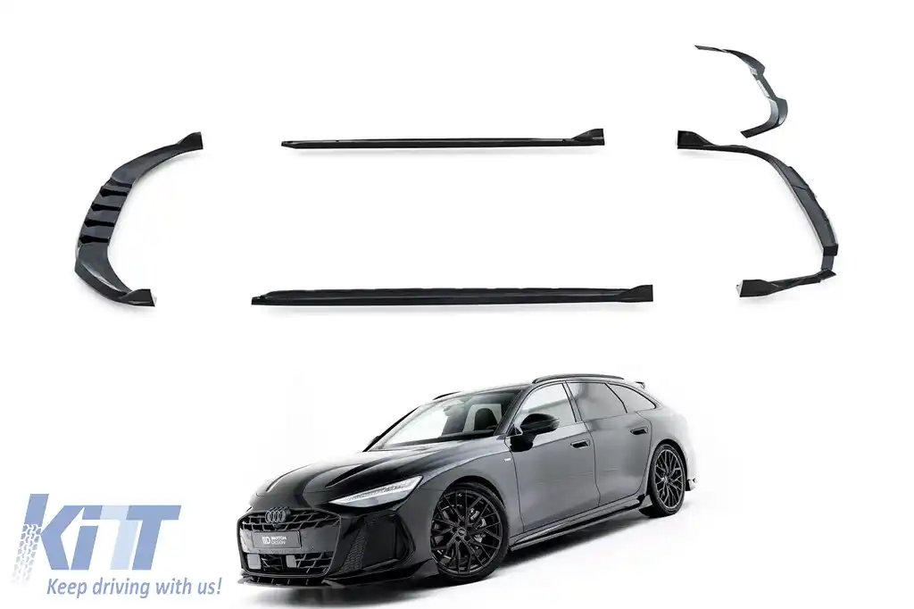 Kit de spoilere Maxton Design tip S-Line versiunea 2, potrivit pentru praguri laterale, bara frontală, bara spate și acoperișul Audi A6 S-Line Avant C9 după 2025, lac negru