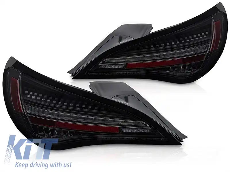 Kit de stopuri LED de tuning potrivit pentru Mercedes CLA C117 2013-2016 cu bază fumurie neagră și semnalizator dinamic, pentru modelul echipat cu stopuri halogene, stânga și dreapta