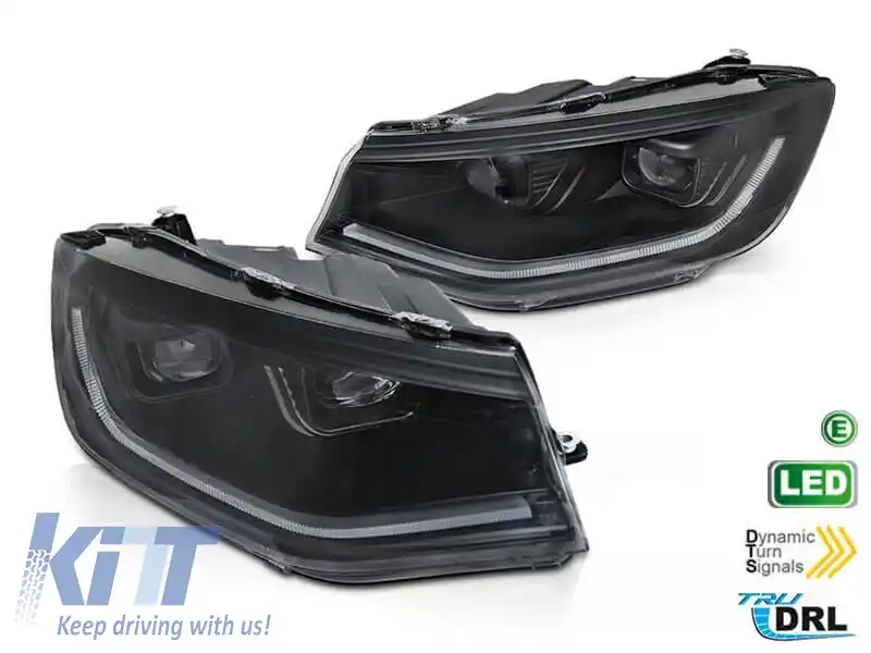 Kit de tuning faruri LED potrivit pentru Volkswagen Caddy după 2020 cu bază neagră, cu semnalizatoare dinamice, stânga și dreapta, pentru modelul cu lumini de zi din fabrică.