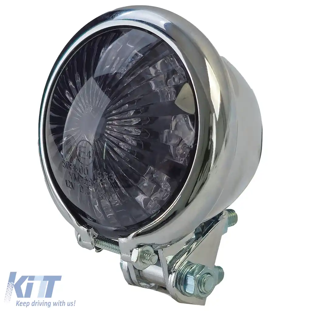 Lumina de poziție LED universală pentru motocicletă stil Bates, fumurie, cromată, cu marcaj E