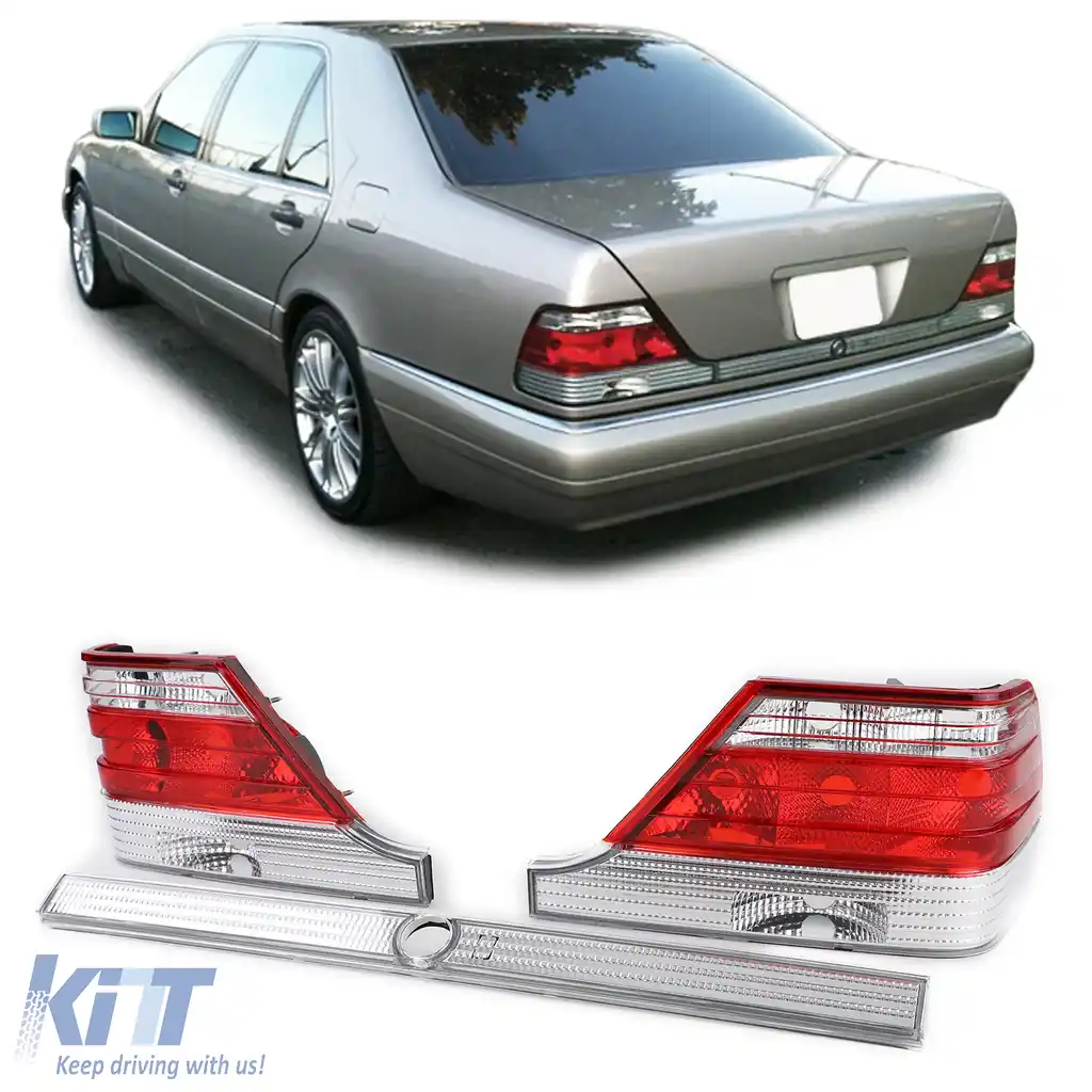 Lumini spate din sticlă clară cu bandă de blocare roșie transparentă, potrivite pentru Mercedes S-Class W140 94-98