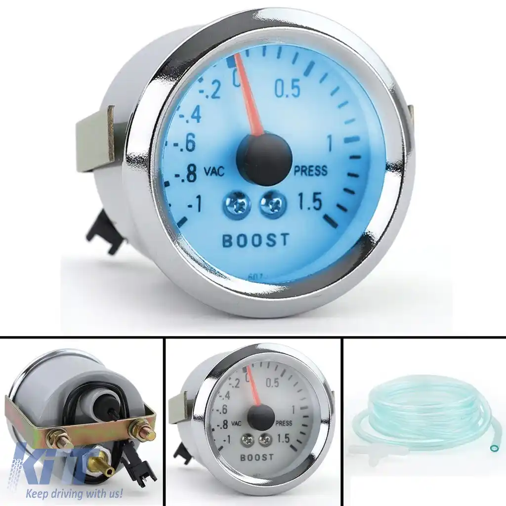 Manometru de presiune de boost, instrument de instalare suplimentar, 52mm, crom, iluminat albastru plasma