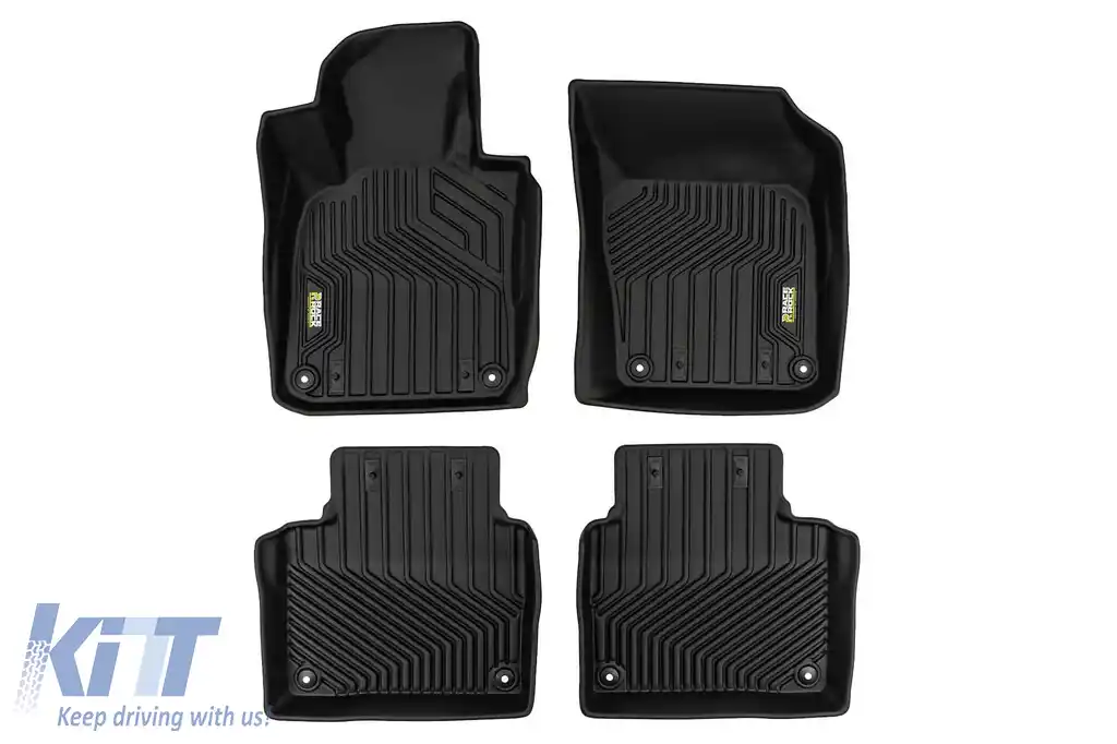 Maturi din cauciuc și covor 2 în 1 potrivite pentru Volvo S90 sedan, V90 wagon după 2016, din seria Frogum 5D Race Rock, set de 4 piese, culoare neagră