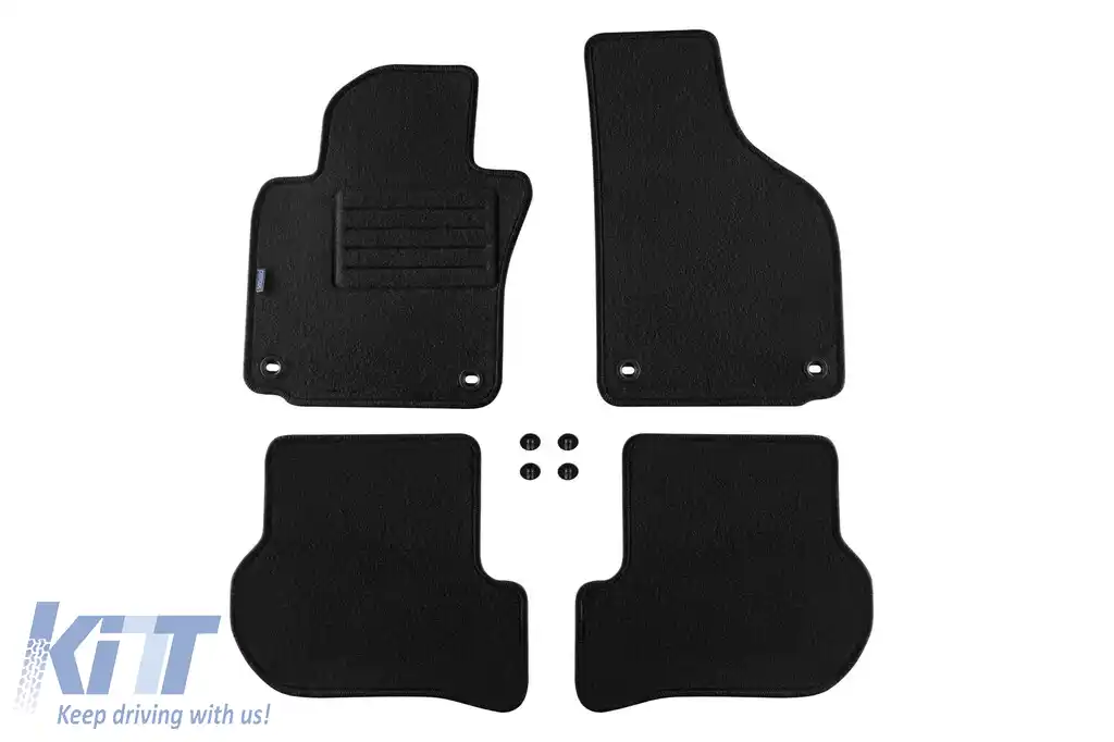 Mochete de podea din carpetă cu două straturi, potrivite pentru Skoda Octavia II, RS, Scout 2004-2007, din țesătură Rex, set de 4 bucăți, negre cu deschideri ovale
