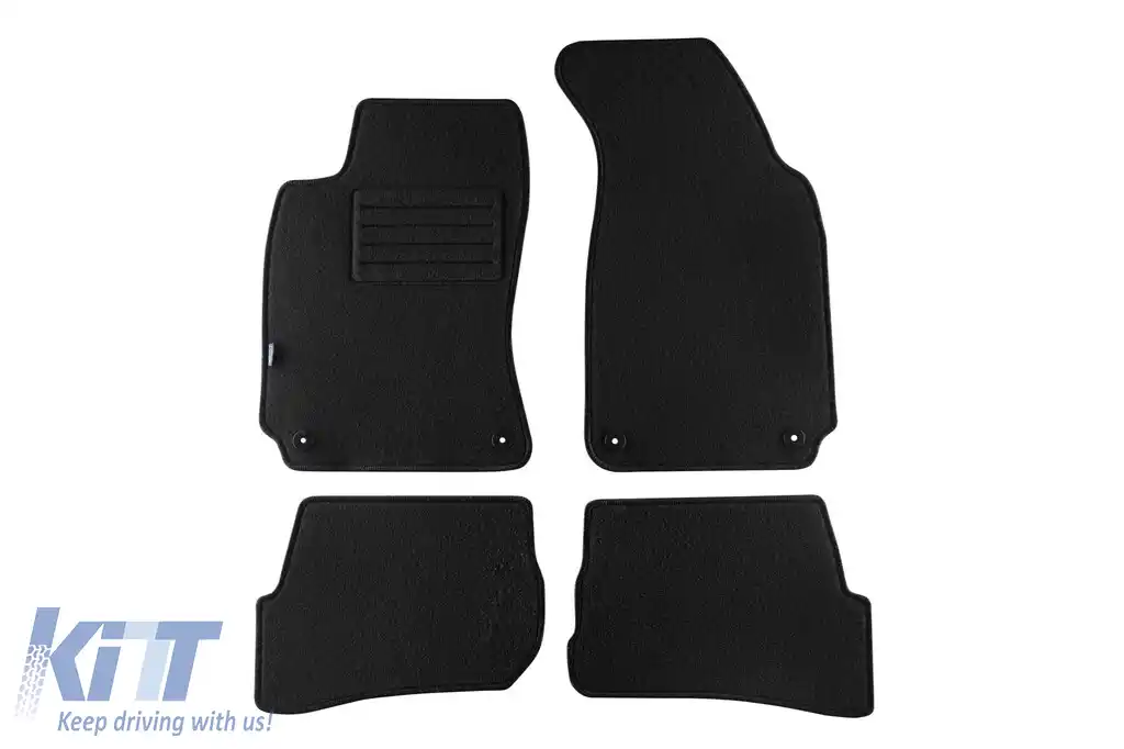 Mochete de podea din carpetă cu două straturi, potrivite pentru VW Passat 2001-2005, din material Rex cu deschideri rotunde, set de 4 bucăți, negru.
