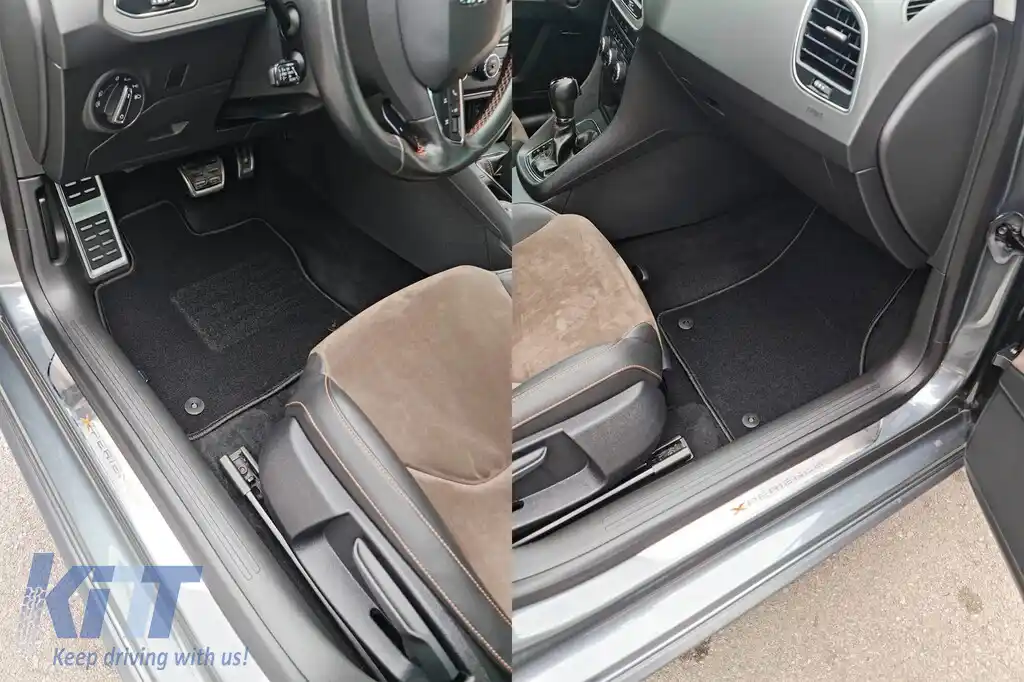Mochete de podea din covor cu două straturi, potrivite pentru Seat Leon hatchback, estate 2012-2020, din țesătură Rex, set de 4 bucăți, negru-image-6240457