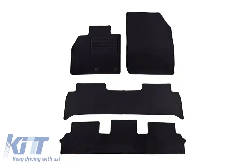 Mochete de podea din covor cu două straturi, potrivite pentru Renault Grand Scenic 2009-2016, 7 locuri, set de 4 bucăți, negre, de la Petex, țesătură Rex.